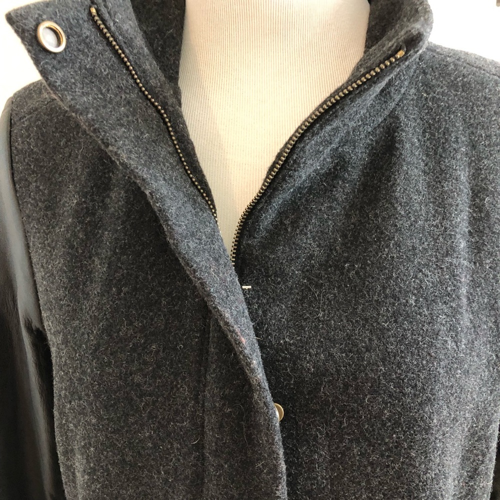 Eileen Fisher High Collar Full Zip Wool Coat Leather Sleeves Black/Gray Medium - Picture 7 of 9